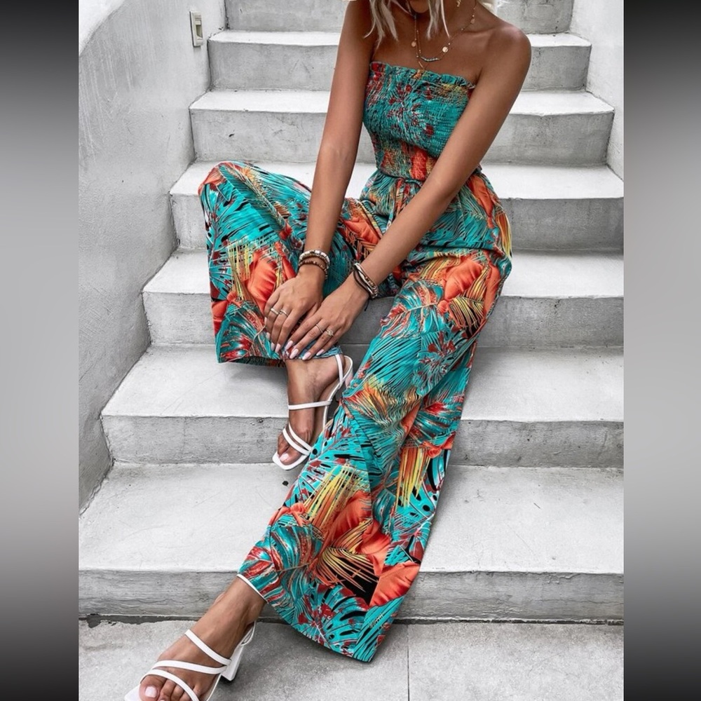 Tropical Strapless Jumpsuit in Teal & Orange